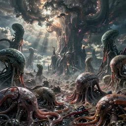 disturbing slimy disgusting alien landscape filled with vast amounts of alien life and disturbing radioactive sky