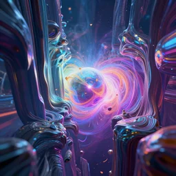 breaking through the dimensional barrier of our universe, chromatic colors, hyperrealistic, octane render, dynamic lighting, intricate detail