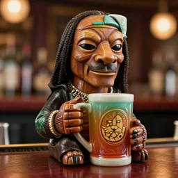 a closeup photorealistic photograph of trader vic's snoop dogg tiki mug. snoop dogg is sitting at the bar holding the mug. brightly lit scene. this 4 k hd image is trending on artstation, featured on behance, well - rendered, extra crisp, features intricate detail, epic composition and the style of unreal engine.