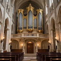 a complex ancient pipe organ cathedral interior, 4 k, stone pews, torches, lighting, unreal engine 5 render, natural color scheme, architectural photography, f 3 2, still from movie by guillermo del toro