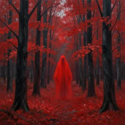 a surreal disorienting painting of a forest where the trees have black trunks and vibrant red leaves with a red ghostly figure in the middle