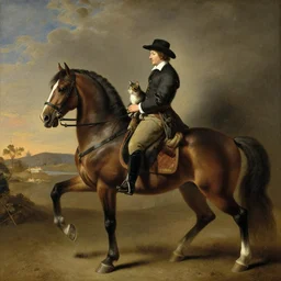 A cat riding on a horse by Rembrant