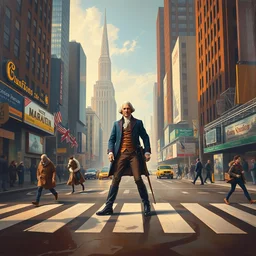 a famous oil painting of george washington crossing the street in a futuristic city