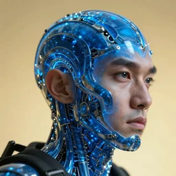 hyperrealistic close-up blue glowy exoskeleton!! chinese man covered highly detailed concept art eric zener elson peter cinematic side soft yellow light low angle hd 8k sharp shallow depth of field