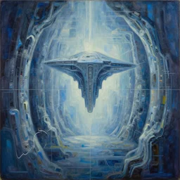 elysium mothership retribution scarce color palette cold power-line alienated scenery in a dream subconscious cavern sacred geometry canvas carefully structured abstract expressionism painting on canvas by Eeede Aaa (2041)