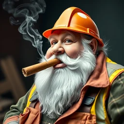 fat jolly construction worker with a white beard smoking a cigar
