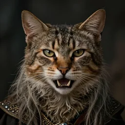 art by greg rutkowski, portrait of a humanoid feline with elven appearance, pointed ears, long hair, beard and notorious fangs, sharp focus, cinematic lighting, artstation hq.
