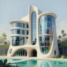 a painting of highly detailed futuristic architecture by Frank Lloyd Wright and Antoni Gaudí, reflective lighting, holographic, stylized vegetation, ground-level view, puddles of turquoise water, stunning sunny lighting, sunrise, vivid colors, in the style of pixar animation, trending on Artstation, 8k, matte painting, ray tracing, hyper detailed, unreal engine 5, cinematic, epic lighting, cryengine, octane render, cyberpunk, red and orange glow, vibrant