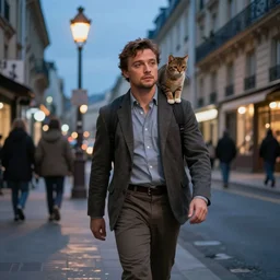 ewan mcgregor is walking at street in early 2 0 th century paris. brown cat is sitting on his shoulder. street lights. evening. warm atmosphere. epic scene. blue vivid colours. 4 k, hyperdetailed. realism, by d'edouard cortes, by gustave courbet, by jean - francois millet, by honore daumier, by jean - baptiste - camille corot, by adolph von menzel, by thomas cowperthwait eakins, by ilya repin, by jean - francois millet, by andrew newell wyeth, by rosa bonheur, by edward hopper