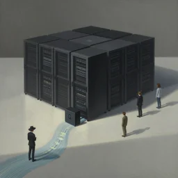 illustration of a data-center architecture or schema, security agent with black hat, datastream or river, painting by Jules Julien, Leslie David and Lisa Frank and Peter Mohrbacher and Alena Aenami and Dave LaChapelle muted colors with minimalism