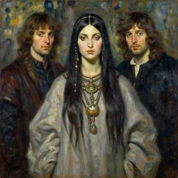 portrait of a female shaman goddess wizard, oil on canvas, by jeffrey catherine jones and denis sarazhin and mucha