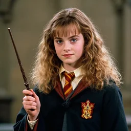 portrait of lindsey pelas as hermione in the movie harry potter holding a wizard wand, by charlotte grimm, natural light, detailed face, canon eos c 3 0 0, ƒ 1. 8, 3 5 mm, 8 k, medium - format print, half body shot