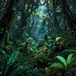 « detailed, jungle with low luminosity, far view, luminescent plants »