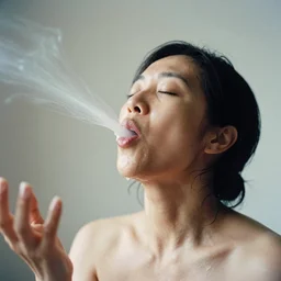analog photographic portrait with 5 0 mm lens and f / 1 2. 0 of a 4 5 years old woman woman with her eyes closed and spurting from her mouth a white viscous fluid floating in the air. with a slight variation of light in the liquid and gesture.