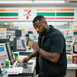 Jerma985 robbing a 711, convenience store checkout background, Jerma, high resolution photograph