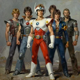 oil painting of space sheriff from the 6 0 s tokyo, by jack kirby, jack gaughan, virgil finlay, alberto bontempi, shigeru komatsuzaki, wayne d barlowe, alex ross, enric torres, simon bisley & boris vallejo, alex ross, enric torres, hyper realism, cinematical, narrative light, muted colors, epic,