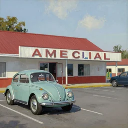 1 9 6 0 s americana motel with vw beetle in the car park, norman rockwell oil painting