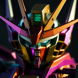 gundam head, v - fin, dslr photo, soft light, mekka, behance, realistic, purple green gold metal design, dribbble. com, by secondsyndicate studio,