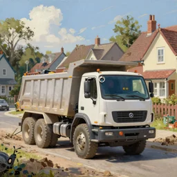 classic oil painting, a single dump truck with a robot face at a construction site, as a dnd character, on a sunny populated suburban street, cottagecore, highly detailed, digital illustration, concept art, smooth, sharp focus, art by greg hildebrandt, and tim hildebrandt