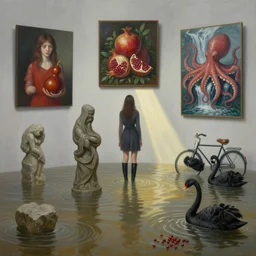 painting of a flooded art gallery with paintings on the wall, emo girl holding a gourd, pomegranates, octopus, waterfall, long black boots, flooded, stone sculptures, zen, shaft of sunlight, black swans, bicycle, berries, surrealist, by magritte and monet