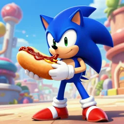 super super super epic cinematic shot of sonic the hedgehog eating a chili dog, sonic unleashed, apotos day town, 8k miyazaki anime scene, green eyes, red shoes, ++++++ super super super dynamic, concept photos, dynamic lighting, dynamic shaders, sunny day, amazing quality