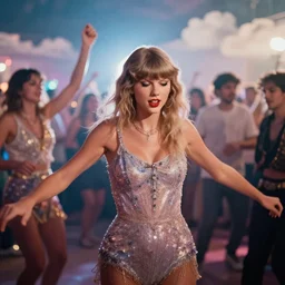 taylor swift dancing in a group party. len blur background bokeh. art by ismail inceoglu and filip hodas. clouds by rhads.