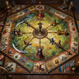 a board game, realistic painting, intrincated, very detailed, fantasy, trending on artstation, top view, scythe board game style