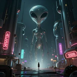 beautiful picture of an alien world with sleek architecture in the style of don bluth, steampunk, ultra detailed, broken neon signs, a tiny girl watching on, elegant, artstation, dramatic lighting, glowing light and shadows, trending on artstation, octane render directed by stanley kubrick