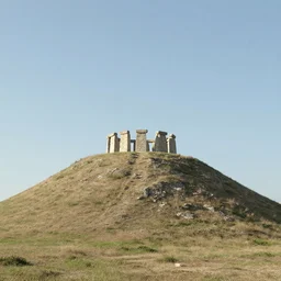 concept art of a small mediterranean mesa with a stone henge at the top of it seen from far away