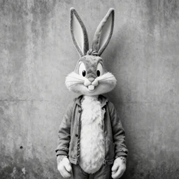formal portrait of bugs bunny. homeless, dirty, torn clothes. concrete wall background. black and white dslr photo.