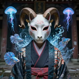3 d liminal space abandoned space temple frontal portrait with ram skull. beautiful intricately detailed japanese crow kitsune mask and clasical japanese kimono. betta fish, jellyfish phoenix, bio luminescent, plasma, ice, water, wind, creature, artwork by tooth wu and wlop and beeple and greg rutkowski