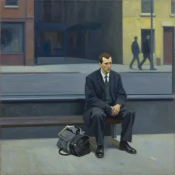 painting of a businessman sitting in the street like a homeless person. by edward hopper and james gilleard