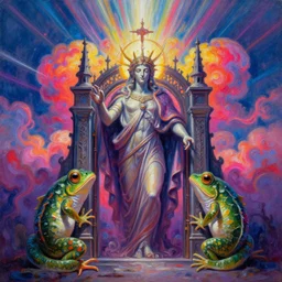 [ style ] [ oil painting ] [ palate ] [ vibrant gothic colors ] 👽 🥷 with 🐸 features, vibrant neon nebulous clouds, radiant light rays, photorealistic painting, intricate and fine details, volumetric lighting, artstation, god figure at the gate