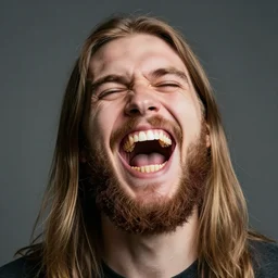 young white man, with straight long hair and very full beard, dying laughing with very big mouth and many many teeth