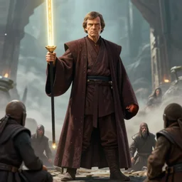 jedi master mr bean towering above his enemies. trending on art station, exquisite, 4 k, hd, technical, cinematic