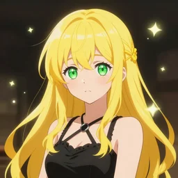 japanese girl portrait with yellow hair and green eyes, dressed in black dress with black bezel in cute realistic anime style with bloom ethereal effects, trending on Artstation, made by Tran Ross
