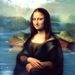 a girl that looks like mona lisa with beautiful sparkly sea behind her