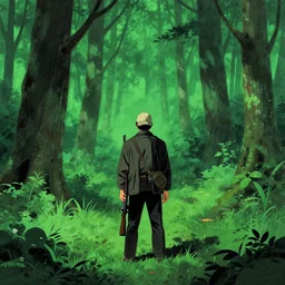 stephen king film of a man alone in a lush green forest, wearing a baseball hat, japanese illustration, 1 9 8 0 s style, apprehensive mood, man is carrying a rifle, alone, matte illustration, apocalyptic vibes