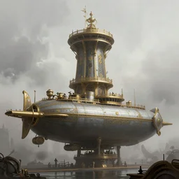 wide view of a steampunk airship docking with a tall tower, fog, volumetric lighting, intricate, elegant, highly detailed, digital painting, artstation, concept art, smooth, sharp focus, art nouveau, art by raymond swanland and john berkey