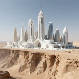 city made out of glistening white marble on a desert cliffside, fusion between gothic and futuristic architecture, digital art