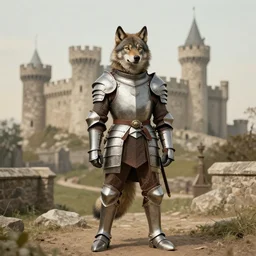 anthropomorphic furry wolf in armor standing tall in front of a castle, 1900s picture