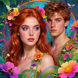 young beautiful woman, eve and adam in the garden of eden, gorgeous face, vaporwave aesthetic, synthwave, colorful, psychedelic, artstation, flowers, bees, smooth, extremely sharp detail, finely tuned detail, 8 k, unreal engine 5, ultra sharp focus, illustration, art by artgerm and greg rutkowski and alphonse mucha