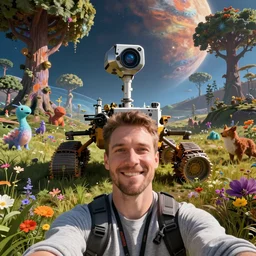 selfie of a space rover on an exotic planet, colorful, artstation, many trees, water, fantasy creatures, flora, flowers, grass, animals