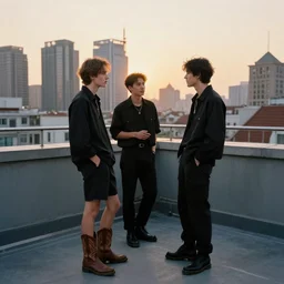 a small rooftop with a couple of modern teenagers wearing cowboy boots and dr martens standing and talking to each other, wearing black modern clothes, modern shanghai bund is on the background, sunset, by gregory crewdson