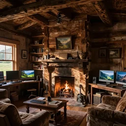 wooden cottage, living room filled with computers, traditional fireplace, concept art