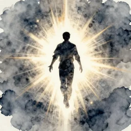 a beautiful watercolor painting of a silhouetted male figure's ascension into the light, digital painting, artstation, concept art, lighting by delphin enjolras, smooth, sharp focus, dynamic lighting, ultrarealistic, cinematic, octane render, 8 k