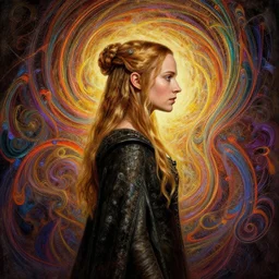 side profile centered painted portrait, alicia vikander as elven princess, lord of the rings, tolkien, matte painting concept art, baroque, beautifully backlit, swirly vibrant color lines, fantastically gaudy, aesthetic octane render, 8 k hd resolution, by caravaggio and diego velazquez