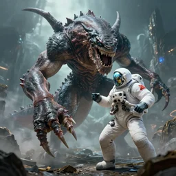 a kraken fighting a powerful astronaut wizard, hyperrealistic render