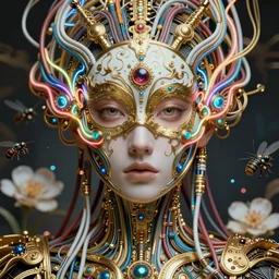 very beautiful woman integrating with technology, full face frontal centered, portrait, insipiring, detailed intricate ornate neon cables connected to head, very detailed eyes, luxurious detailed abundent wiring and implants symmetrical mask, golen porcelain, renaissance, sci - fi, detailed technology background with cyber flowers and insects, dramatic lighting, photography, highly detailed, artstation, 8 k,