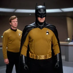 Batman, in Starfleet uniform, in the role of Captain Kirk in a scene from Star Trek the original series